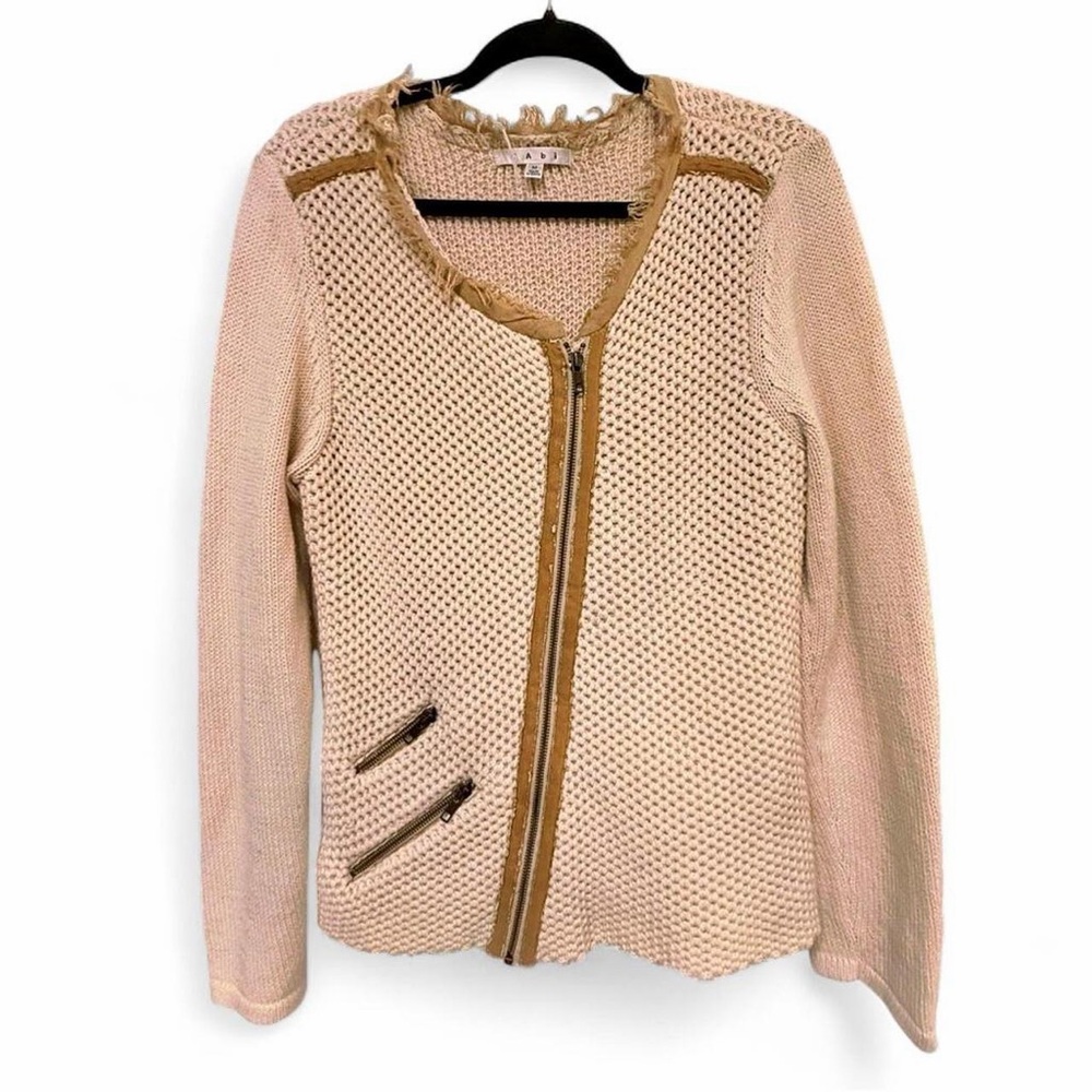 CAbi Cream Cardigan Asymmetrical Textured Knit Moto Zipper Y2K Jacket Size M